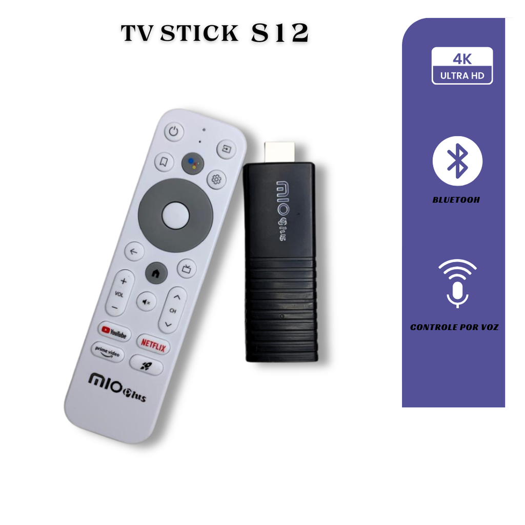 Mioplus S12 – TV Stick 4K Android 14 com Google Assistant e Wi-Fi
