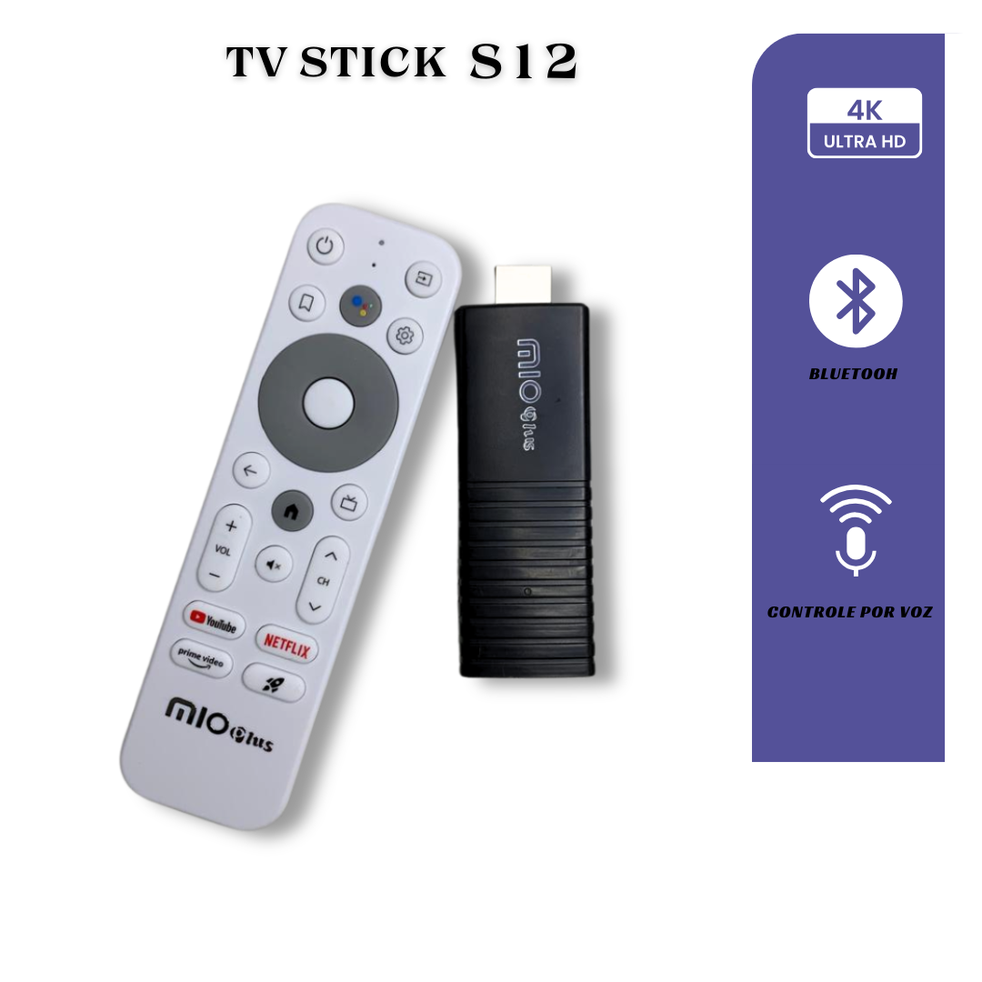 Mioplus S12 – TV Stick 4K Android 14 com Google Assistant e Wi-Fi